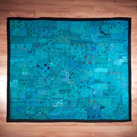 Indian Kashmiri Patchwork Embroidered & Beaded Turquoise Tapestry