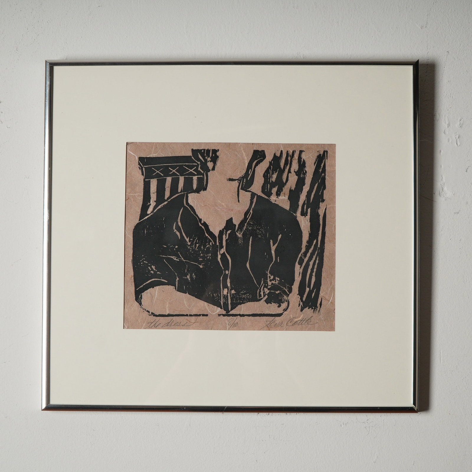 Tena Cottle, Original Woodcut on Paper, The Dress, Signed: Limited edition woodblock print by artist Tena Cottle, titled The Dress. This work captures a bold, abstracted portrayal of a figure in a loose-fitting garment, rendered in black ink on textured, warm