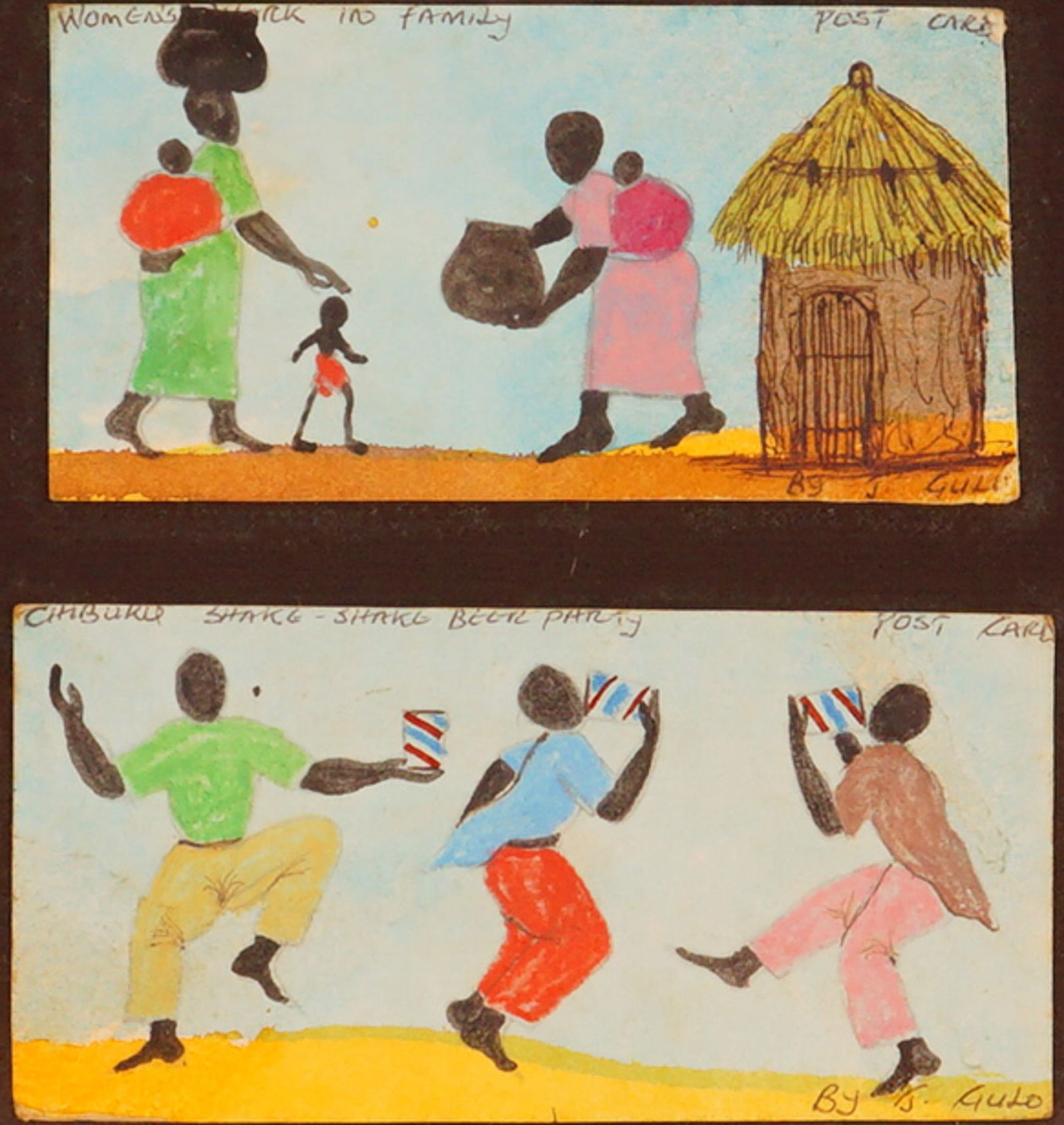 J. Gulo, Mixed Media African Folk Art Double Postcard Drawings, Signed (1 of 3)