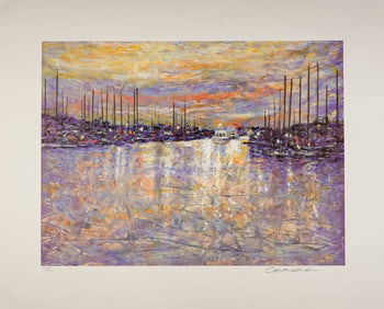 Limited Edition Lithograph on Paper, Harbor at Sunset, Signed and Numbered