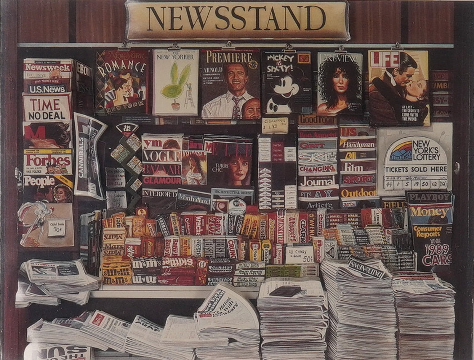 After Ken Keeley (American 1934-2000) 3-D Collage, Signed F. Mayhe: Three-dimensional mixed-media construction after Ken Keeley titled 57th & Broadway. This work recreates one of Keeley's iconic New York newsstand scenes, executed here in relief with layered printed e
