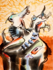 Peruvian Surrealist Watercolor & Gouache Painting on Paper Board, Signed
