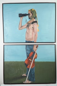 2pc David Teichner, Two-Piece Figurative Oil on Canvas Diptych - Signed