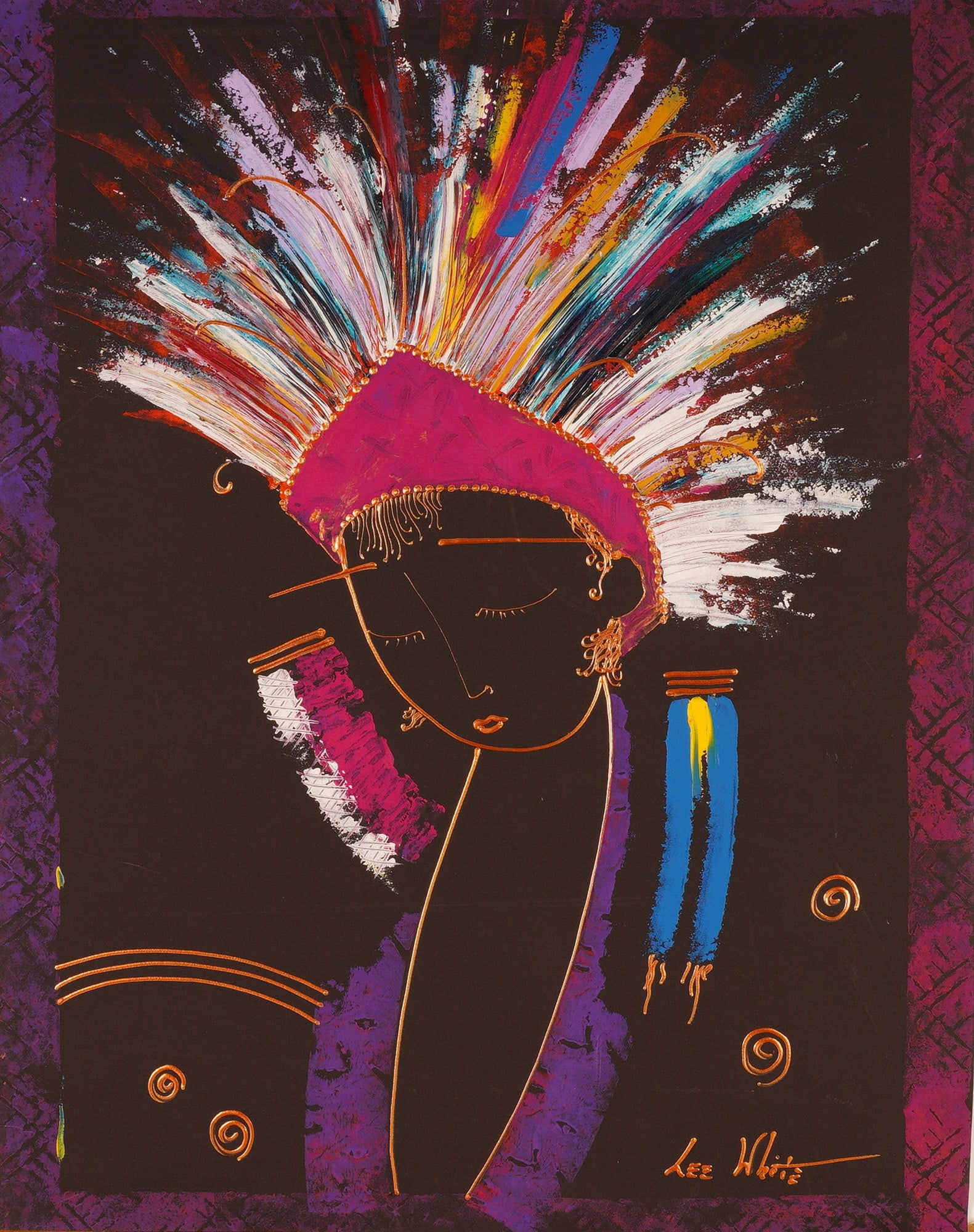Lee White, Mixed Media on Paper, Woman in Vibrant Headdress, Signed (1 of 6)