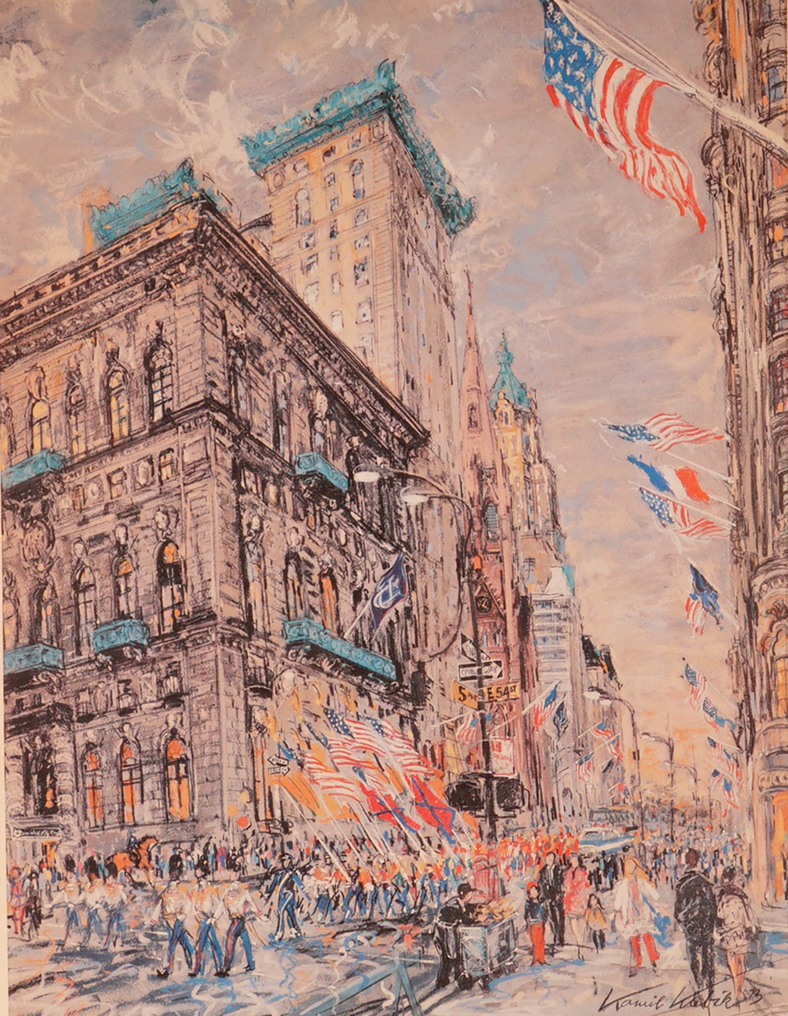 Kamil Kubik, Artist Proof Lithograph on Paper, University Club NY, Signed: Vibrant cityscape lithograph on paper depicting a parade along Fifth Avenue in front of the University Club, New York. The work captures the lively energy of the city with colorful flags and bustling