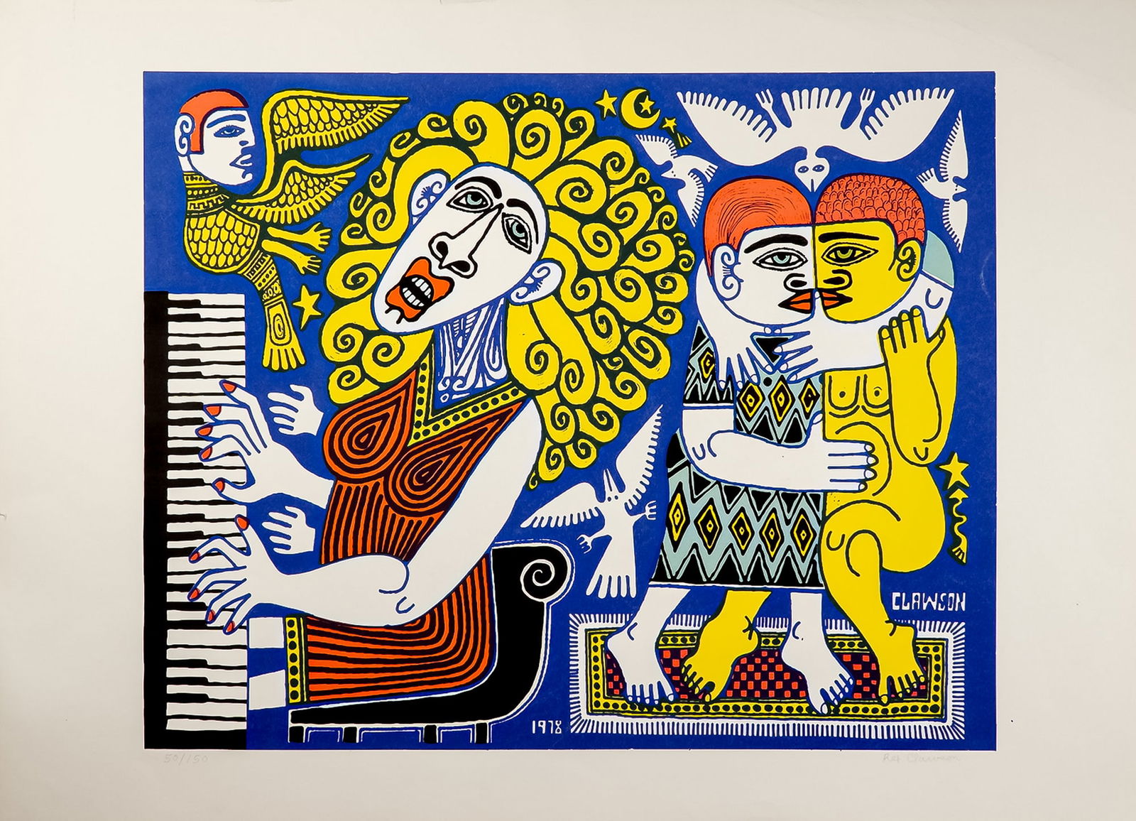 Rex Clawson, Limited Edition Lithograph on Paper, Piano Player, Signed: A vibrant and expressive lithograph by American artist Rex Clawson, titled Piano Player. Clawson's bold use of color, whimsical figures, and rhythmic composition capture a dynamic interplay between mu