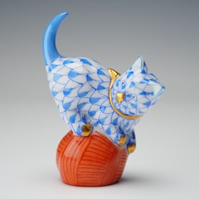 Herend Porcelain Figurine, Mischievous Cat On Yarn
