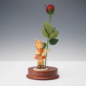 3pc Goebel Hummel Roses Are Red Figurine with Wooden Base and Rose