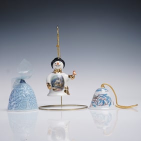 3pc Porcelain Holiday Bell and Snowman Ornament Collection