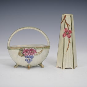 2pc Weller Pottery Klyro Basket and Hexagonal Dogwood Vase