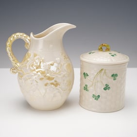 2pc Belleek Porcelain Pitcher and Covered Jar