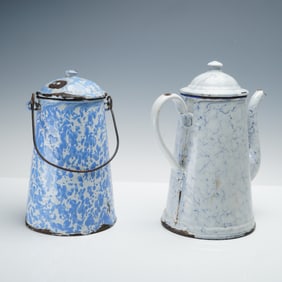 2pc Blue and White Enamel Lidded Coffee Pot and Milk Pail