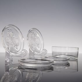 5pc Etched Crystal Rose Coasters with Holder