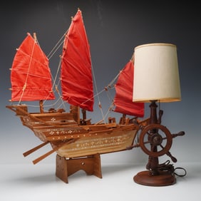 2pc Wooden Chinese Junk Ship and Nautical Themed Table Lamp