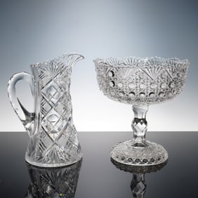 2pc Cut Crystal Pitcher and Pressed Glass Large Compote