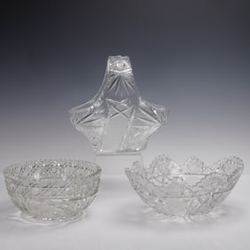 3pc Starburst and Floral Cut Glass Basket and Bowls