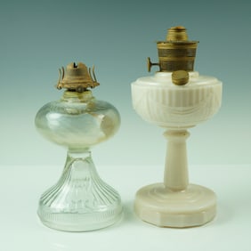 2pc Antique Glass Oil Lamps, Clear and Milk Glass