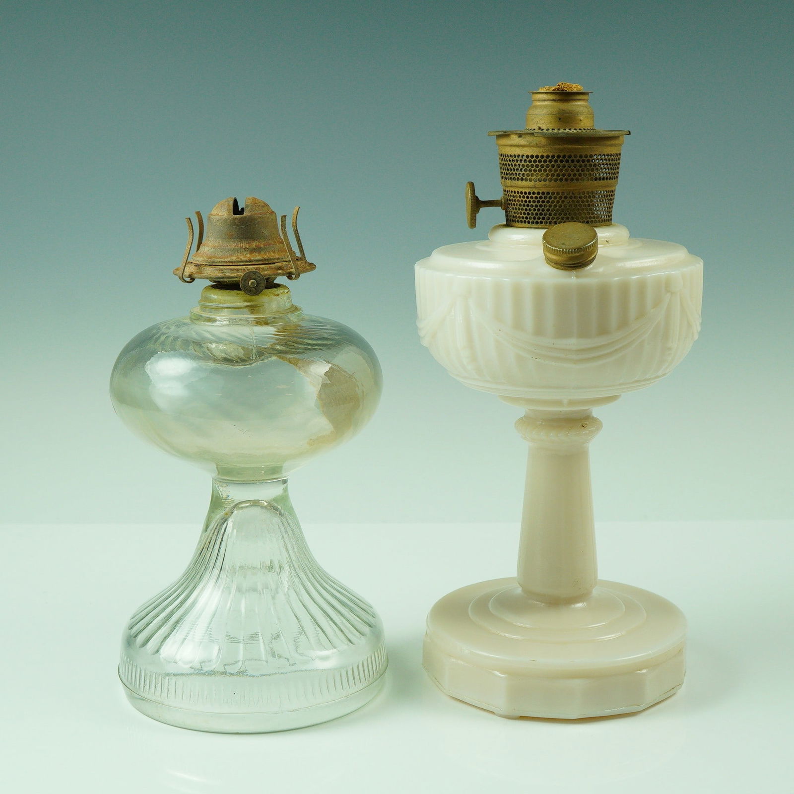 2pc Antique Glass Oil Lamps, Clear and Milk Glass (1 of 3)