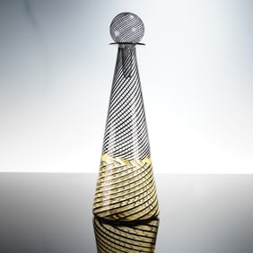 Amber and Black Swirl Art Glass Bottle with Stopper