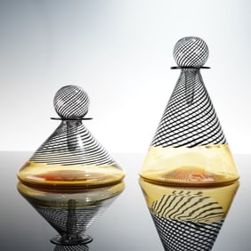 2pc Amber and Black Swirl Art Glass Bottles with Stoppers