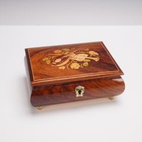 Sanyo Italian Marquetry Inlaid Wood Music Jewelry Box