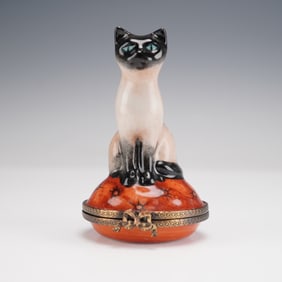 Chanille Limoges Porcelain Siamese Cat Keepsake Box