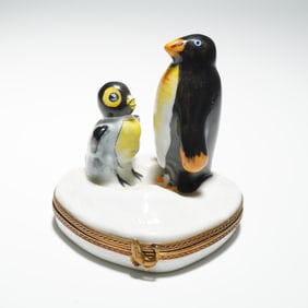 Limoges Porcelain Penguin and Chick Keepsake Box