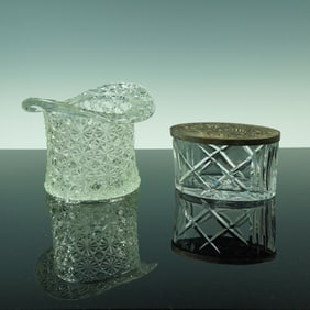 2pc Royal Brierley Etched Glass Box w/ Lid & Pressed Glass Top Hat Jar