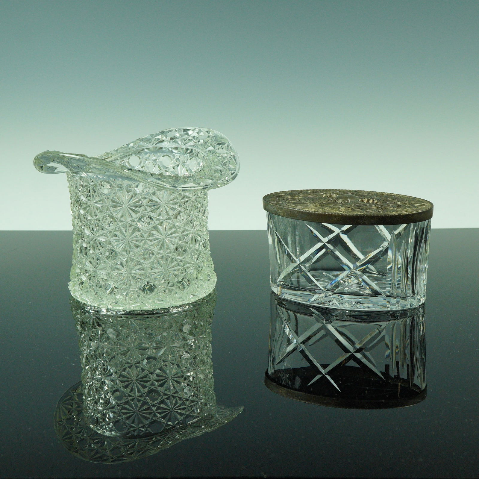 2pc Royal Brierley Etched Glass Box w/ Lid & Pressed Glass Top Hat Jar (1 of 5)