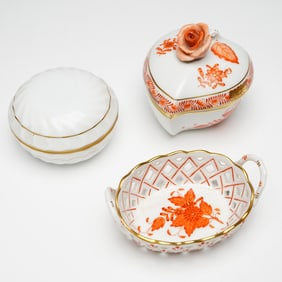 3pc Herend Porcelain Jewelry Boxes and Basket, Apponyi Orange