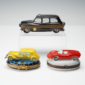 3pc Limoges Car Motif Porcelain Treasure Boxes
