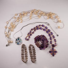 6pc Silver and Gold Tone Pearl and Stone Jewelry