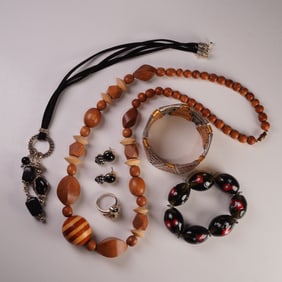 6pc Wood, Enamel, and Silver Tone Jewelry