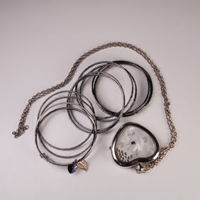 12pc Costume Jewelry, Watch Necklace, Charm Bangle and Gray Metal Bangles
