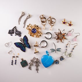 18pc Mixed Metal and Stone Brooch, Pendant, Pin, and Earring Jewelry