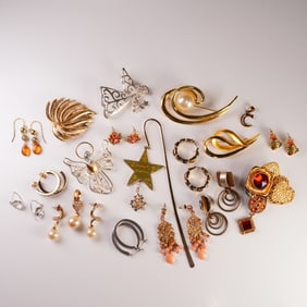 19pc Gold and Silver Tone Brooch, Earring, and Pendant Jewelry