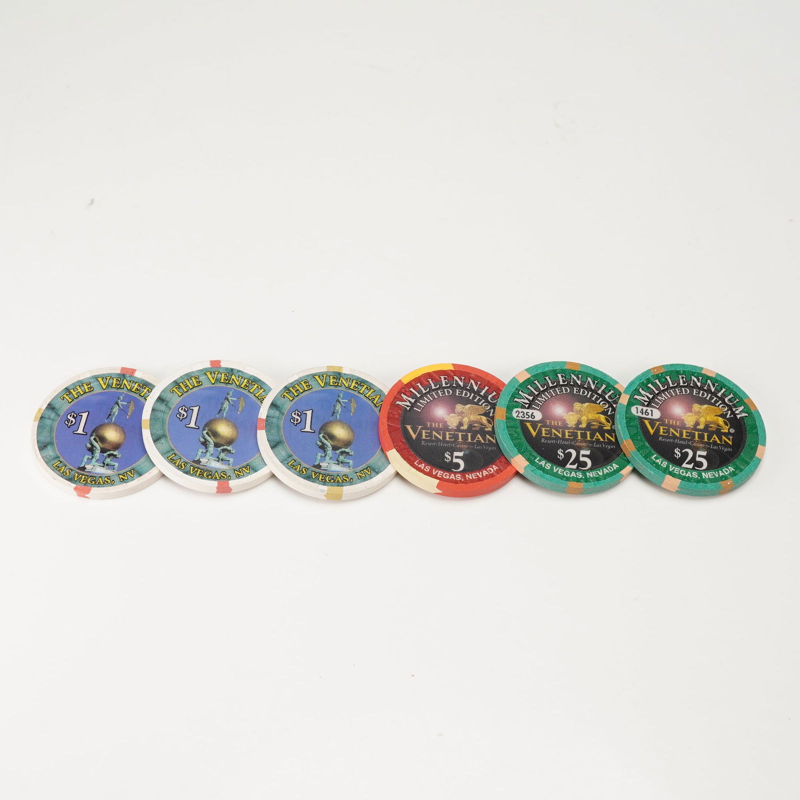 6pc Paulson 1, 5, & 25 Dollar Casino Chips (1 of 2)