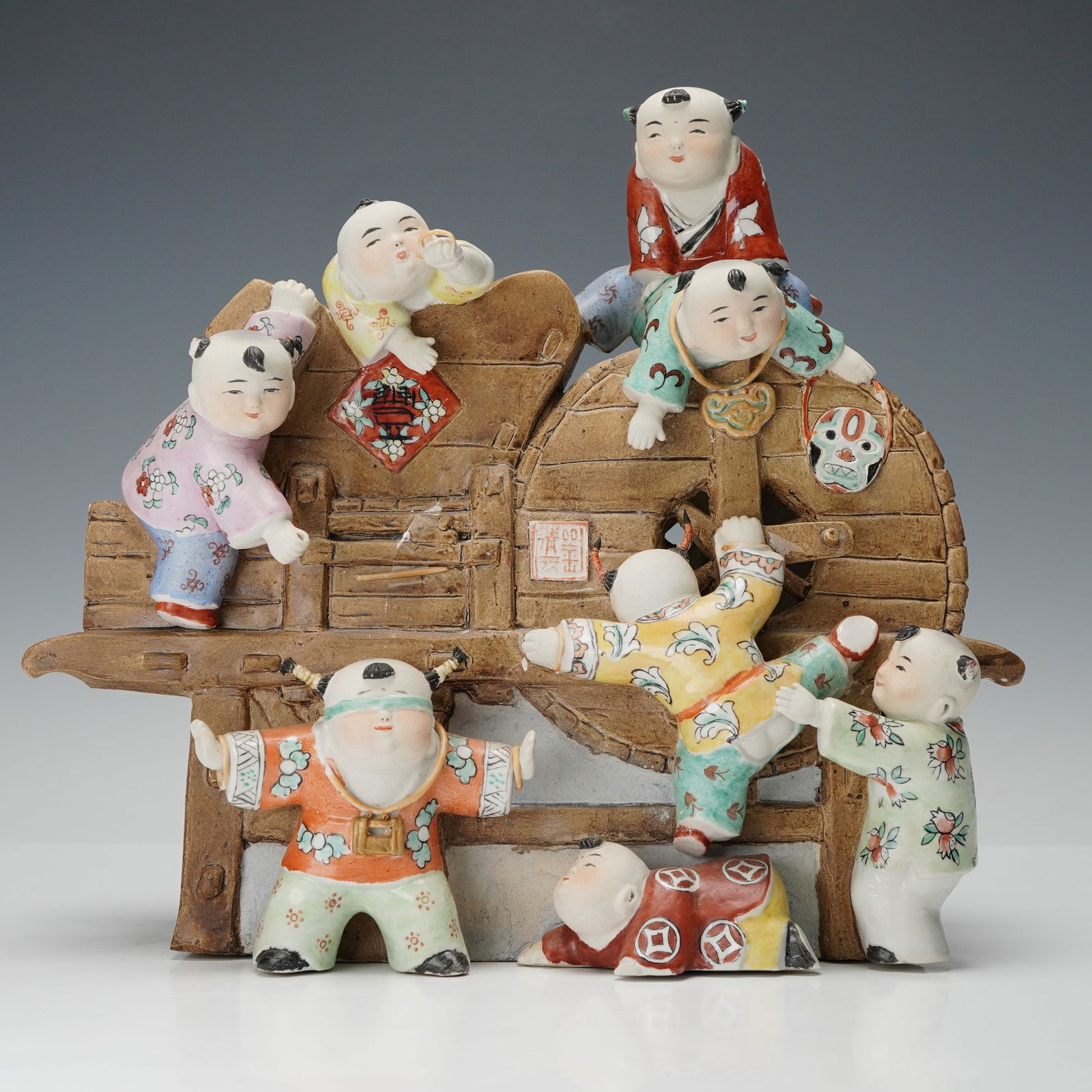 Chinese Playful Children Climbing on Cart Figurine (1 of 2)