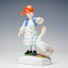 Herend Porcelain Figurine, Girl Feeding Goose