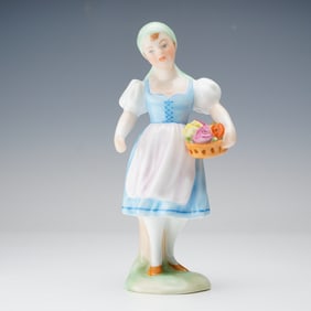 Herend Porcelain Figurine, Girl With Basket Of Flowers