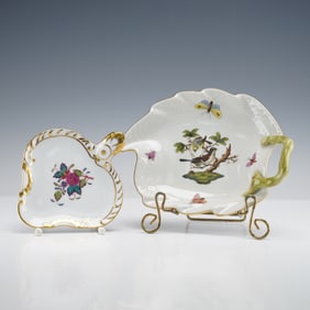 2pc Herend Leaf Dishes, Chinese Bouquet Multicolor and Rothschild Bird