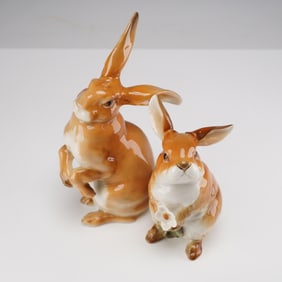 2pc Hutschenreuther Porcelain Rabbits Figurines