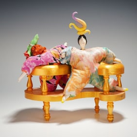 3pc Poupee Millet Fabric Art Dolls and Sculptural Display Sofa