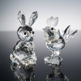 2pc Swarovski Crystal Figurines, Mother Rabbit & Rooster