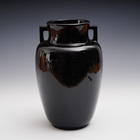 Black Glazed Art Pottery Vase with Twin Handles