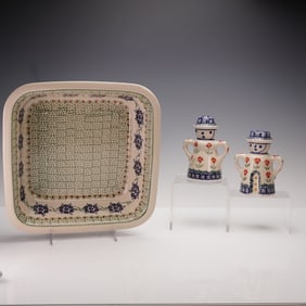 3pc Boleslawiec Polish Pottery Serving Dish and Salt & Pepper Shakers