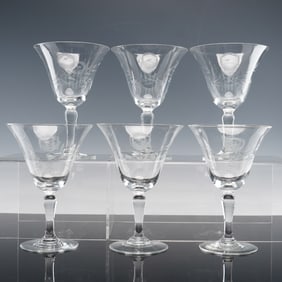 6pc Etched Crystal Floral Motif Wine Glasses