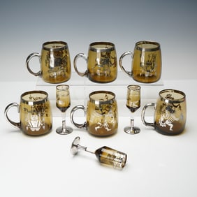 9pc Silver Overlay Figural Motif Amber Glass Mugs and Cordials Set