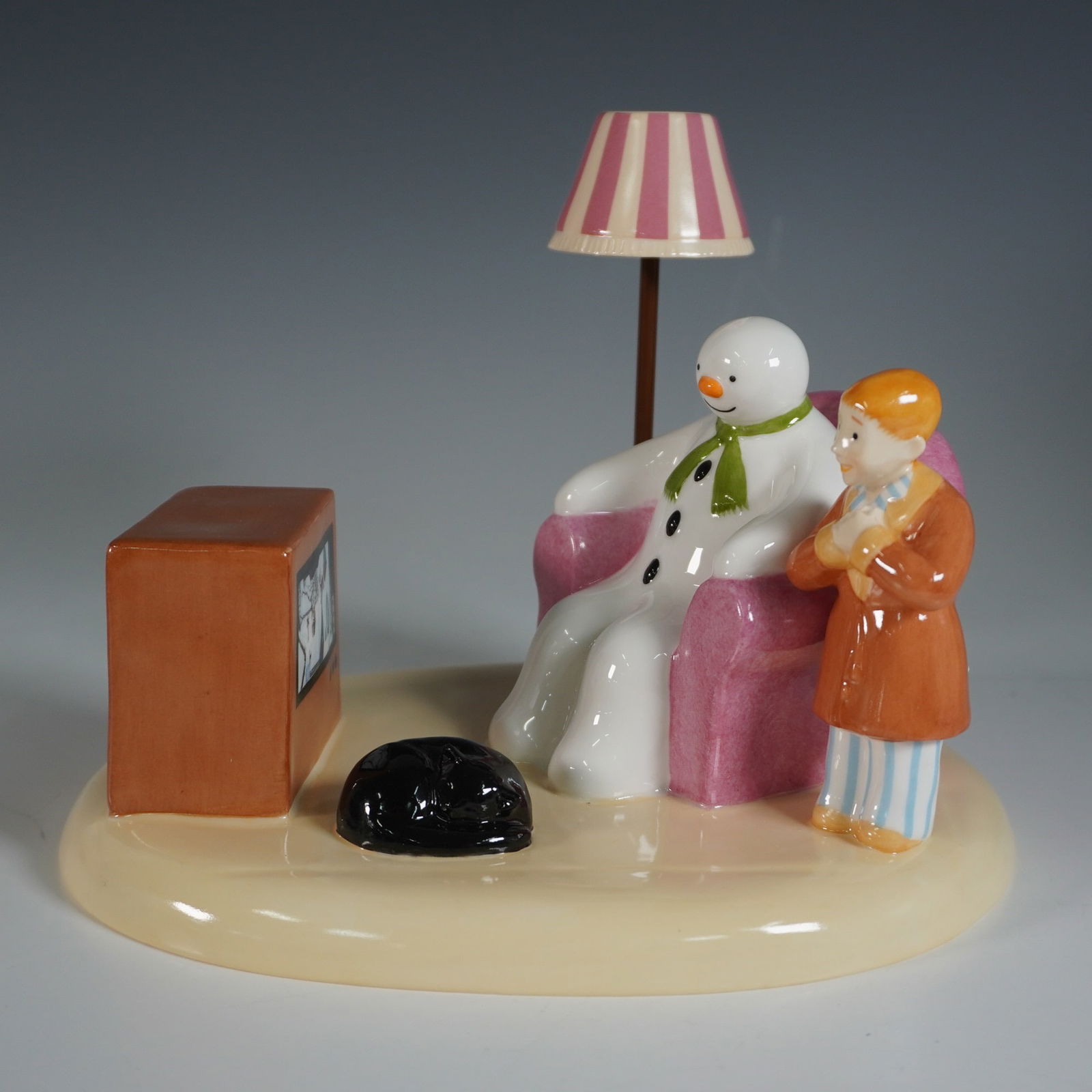 Coalport The Snowman "A Cold Night In" Figurine: A limited edition porcelain figurine from The Snowman series, titled "A Cold Night In." This charming vignette captures the Snowman and a young boy watching television together, accompanied by a cozy