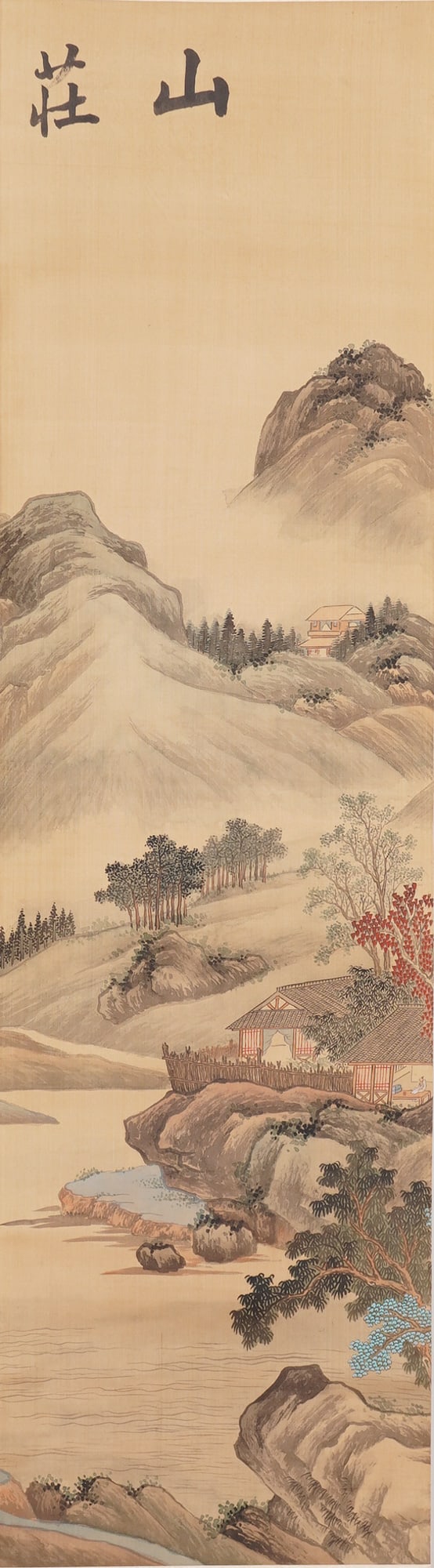 Chinese Ink and Watercolor Landscape on Paper Hanging Scroll: A Chinese landscape hanging scroll, executed in ink and watercolor on paper. The composition presents layered misty mountains descending toward a serene riverside pavilion, framed by lush foliage and